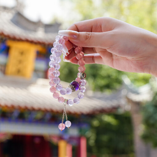Strawberry Quartz & Amethyst Multi-Wrap Bracelet | Layered Elegant Style