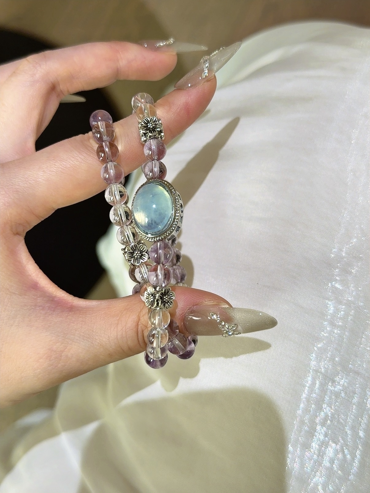 Click to view full screen Amethyst, Clear Quartz & Aquamarine Multi-Wrap Bracelet | Luminous Ocean-Inspired Style photo review