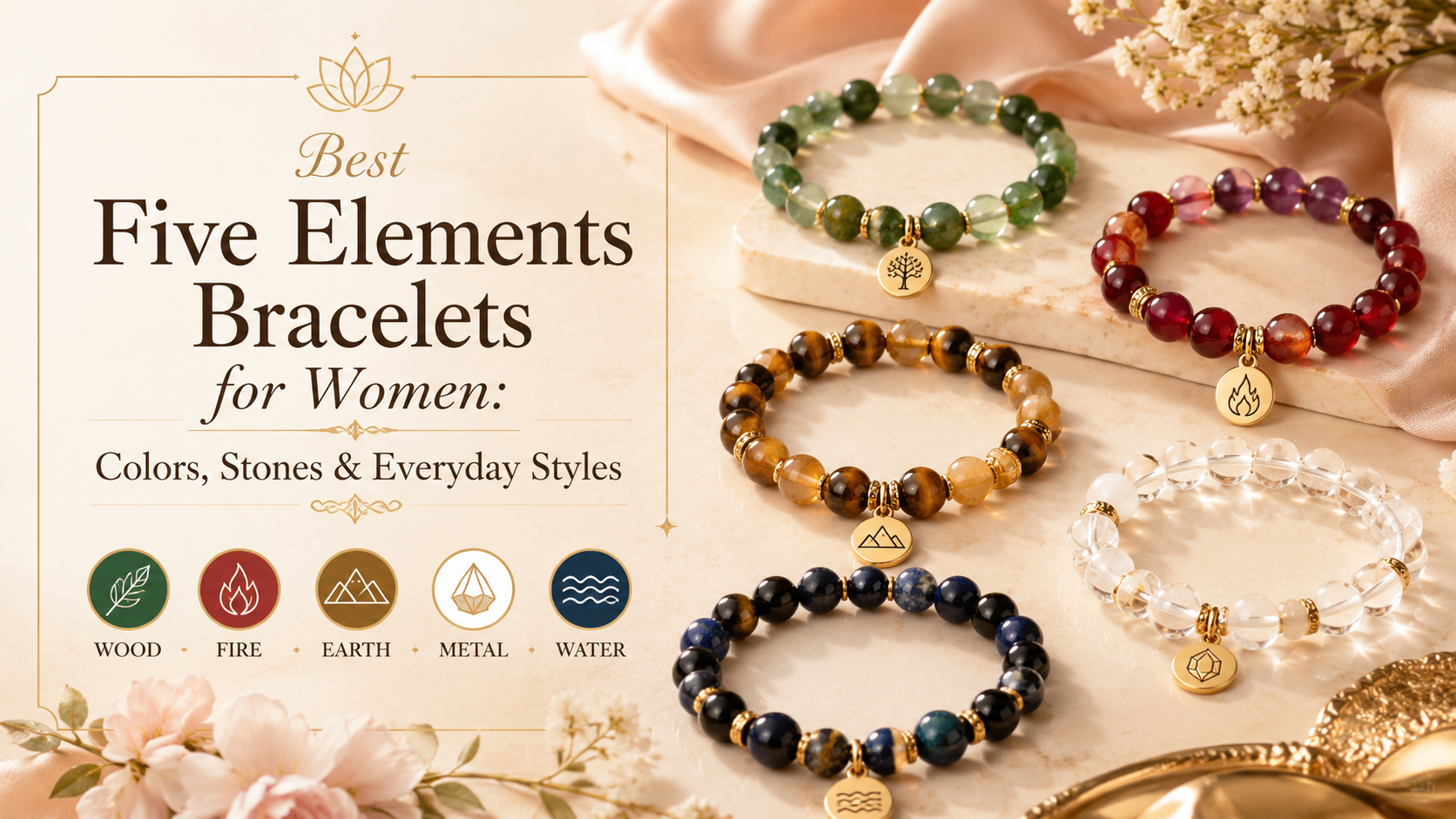 Best Five Elements bracelets for women featuring Wood Fire Earth Metal and Water crystal colors and natural stones