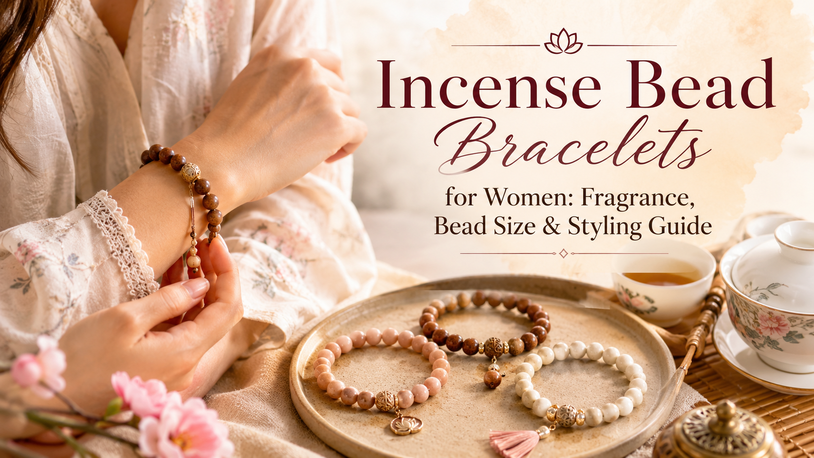 Incense bead bracelets for women in different bead sizes with warm aromatic materials and elegant everyday styling
