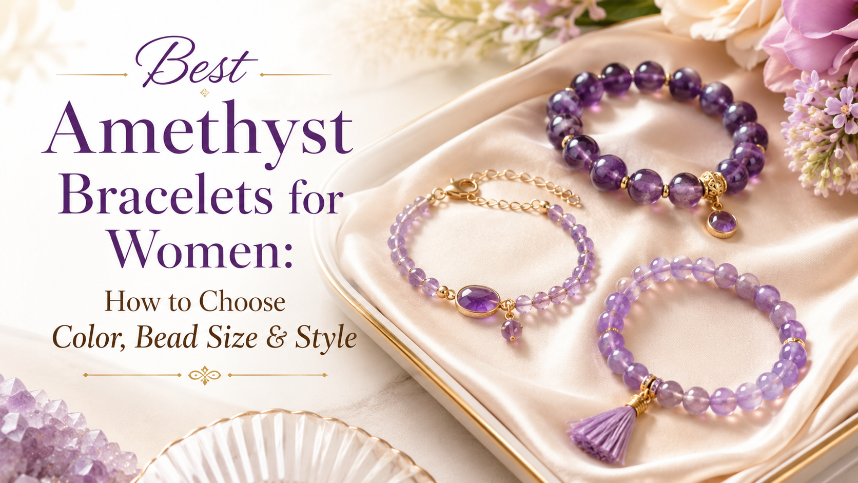Best amethyst bracelets for women featuring lavender and deep purple natural stone beads in different sizes