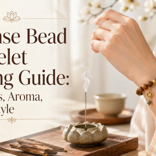 Incense bead bracelet buying guide showing 10mm and 15mm aromatic beads with different materials and fragrance styles