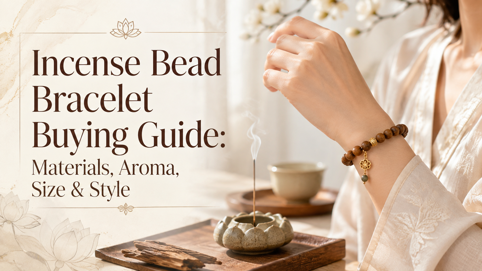 Incense bead bracelet buying guide showing 10mm and 15mm aromatic beads with different materials and fragrance styles