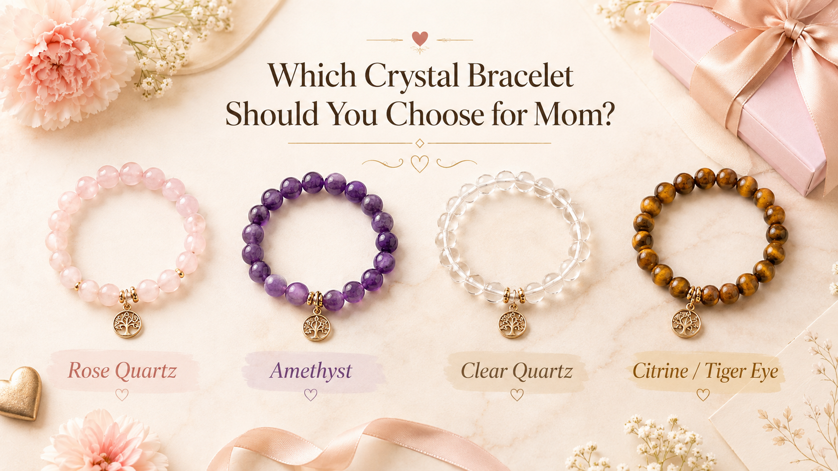 Crystal bracelet size and everyday style guide for Mom with rose quartz amethyst clear quartz and tiger eye bracelets
