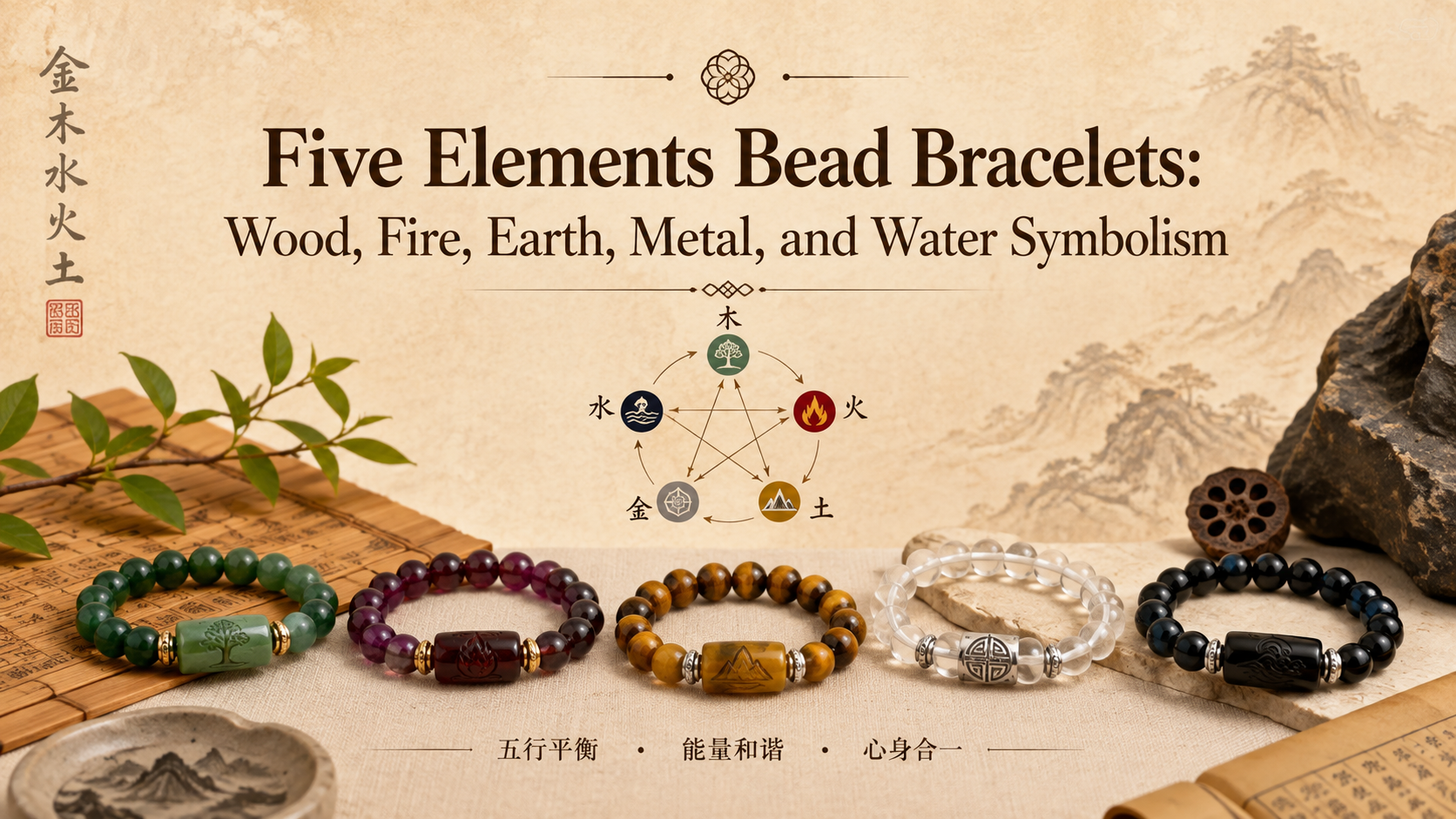 Five Elements Bead Bracelets: Wood, Fire, Earth, Metal & Water