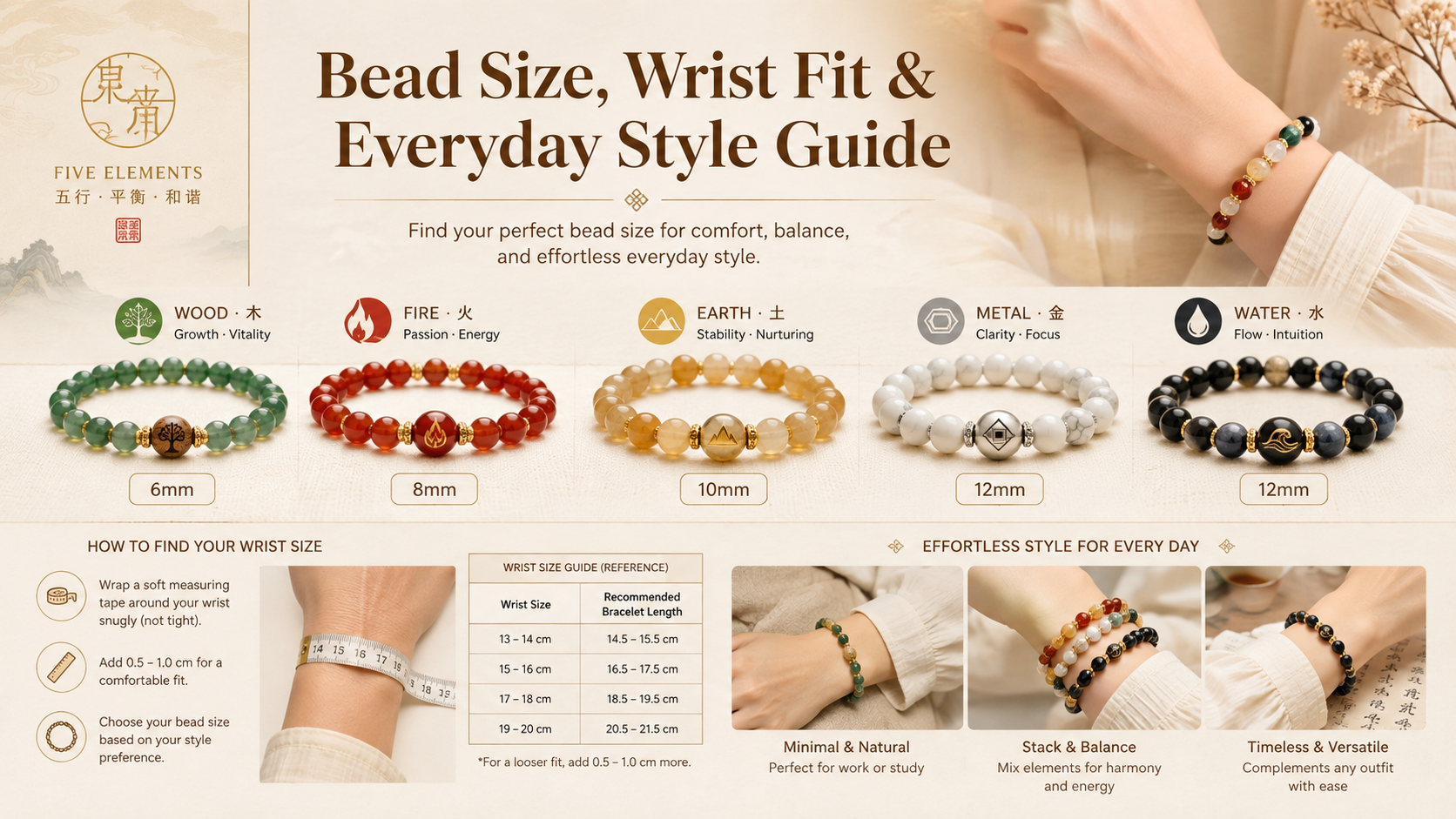 Five Elements bracelet buying guide featuring Wood Fire Earth Metal and Water natural stone bracelet designs