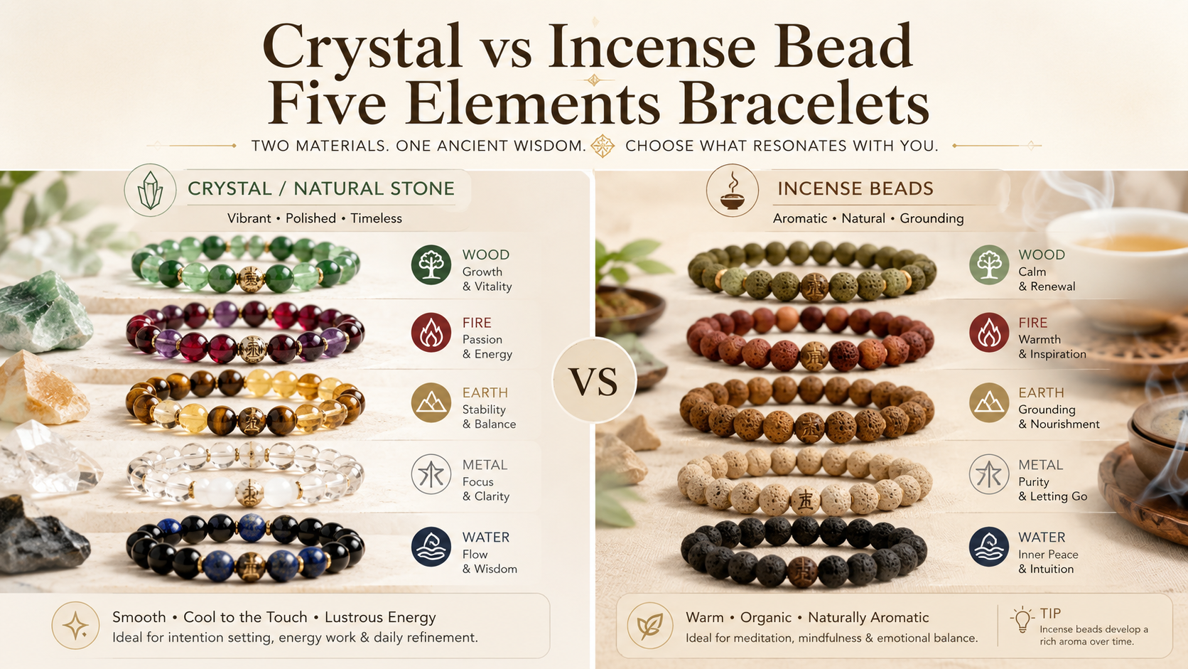 Five Elements crystal and incense bead bracelet materials comparison for buyers
