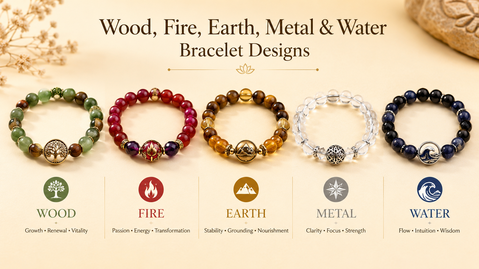 Wood Fire Earth Metal and Water bracelet comparison with green red brown clear and black natural stones