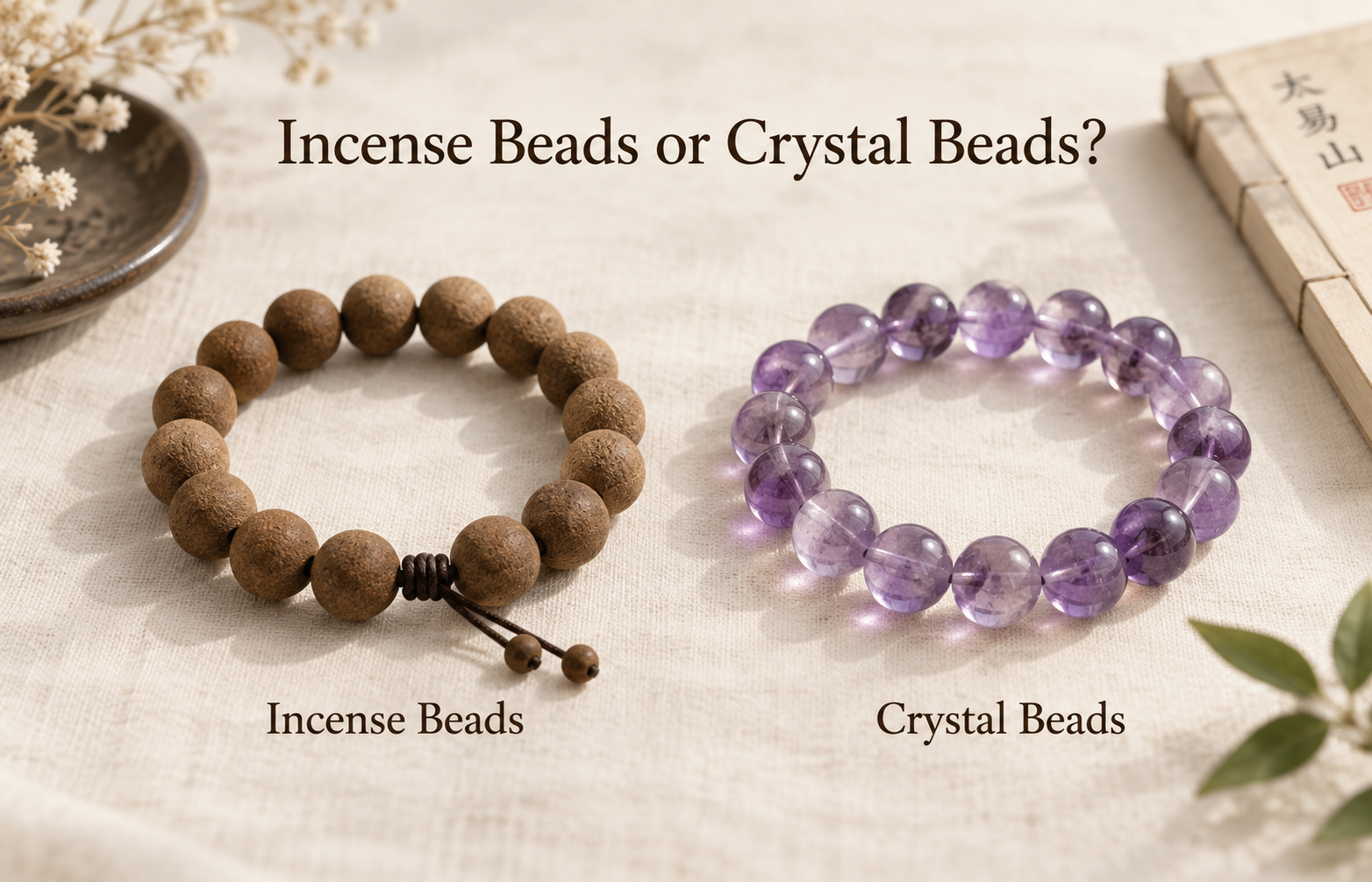 A matte brown incense bead bracelet and a translucent purple crystal bracelet displayed side by side