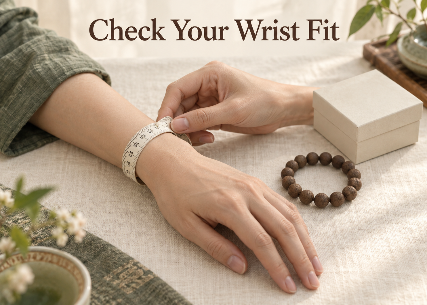 Hands measuring a wrist with a flexible tape beside a brown bead bracelet and a cream gift box