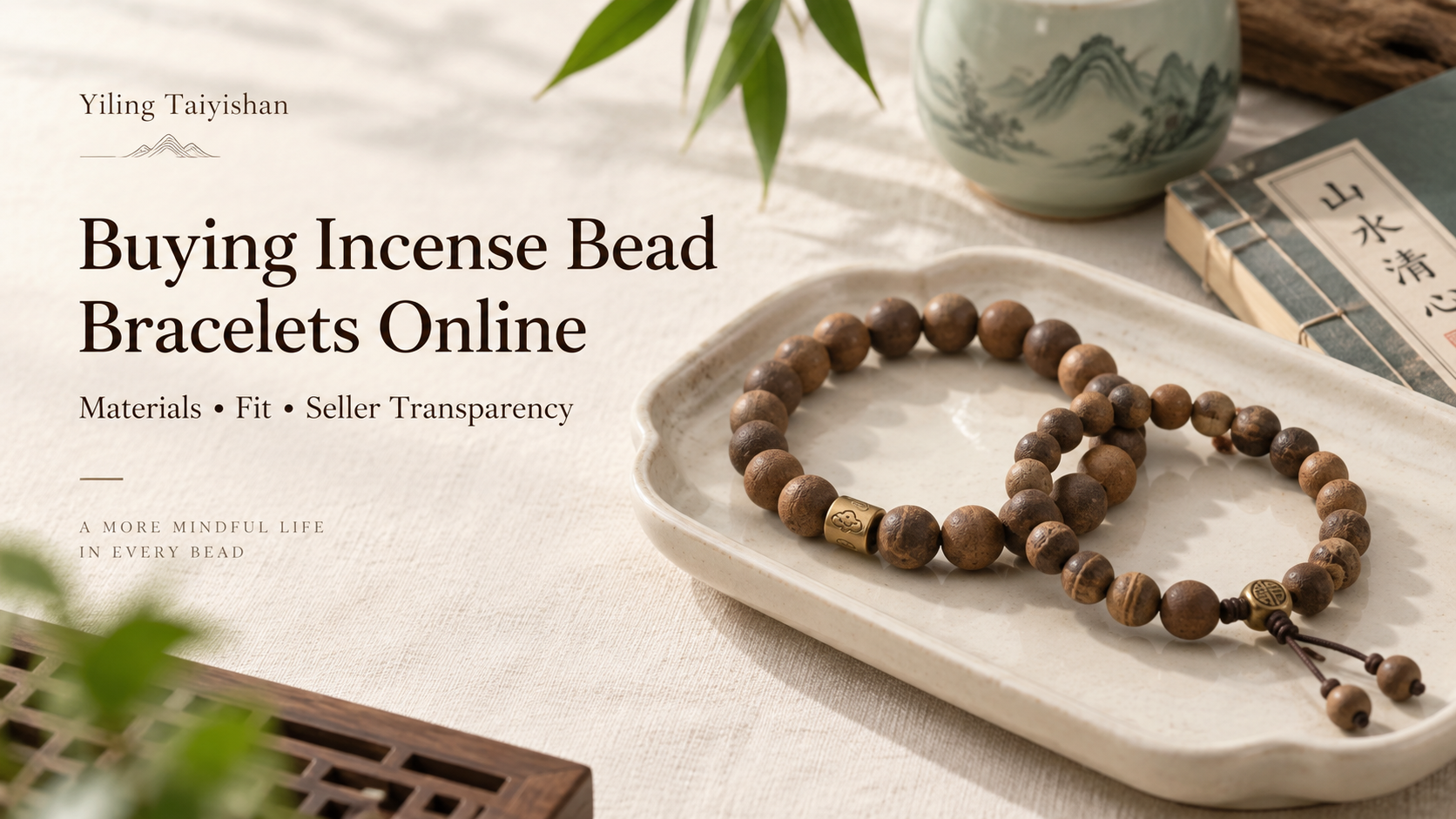 Incense-bead-bracelets-arranged-on-cream-linen-beside-a-ceramic-tray