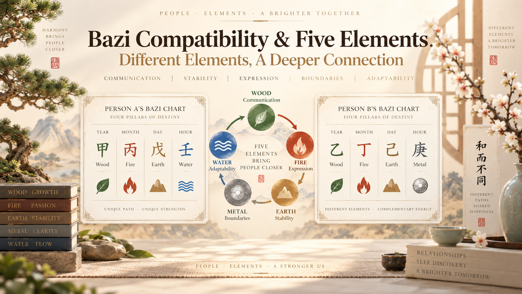 Bazi compatibility reading comparison showing two birth charts and Wood Fire Earth Metal Water relationship symbolism