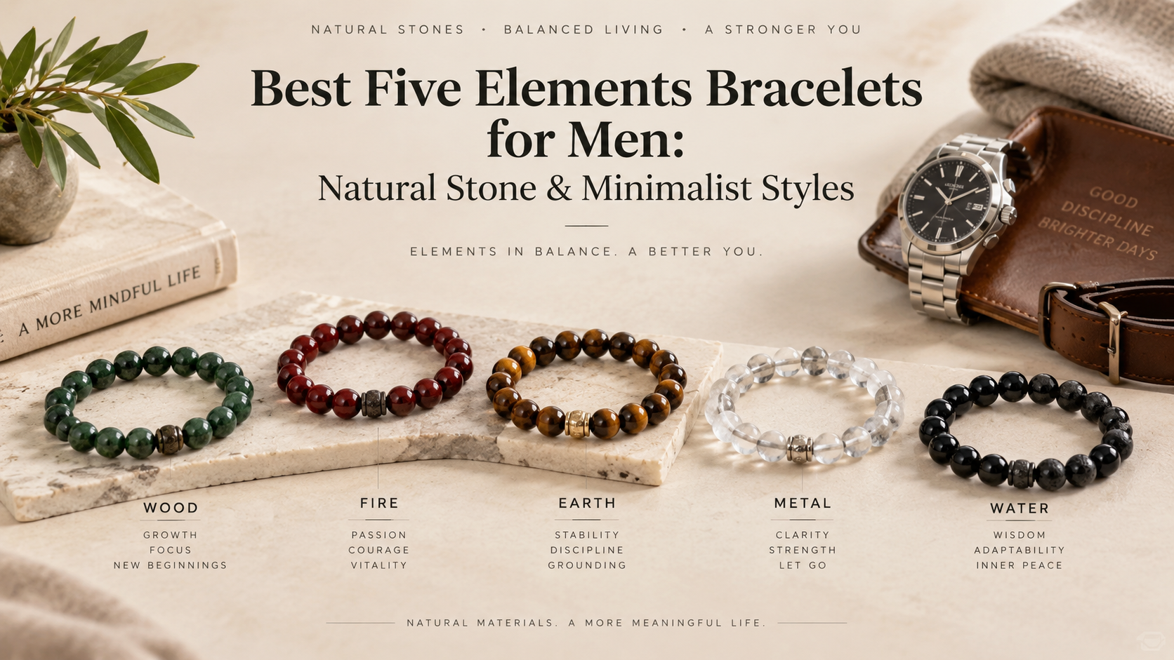 Best Five Elements bracelets for men featuring Wood Fire Earth Metal and Water natural stone minimalist designs