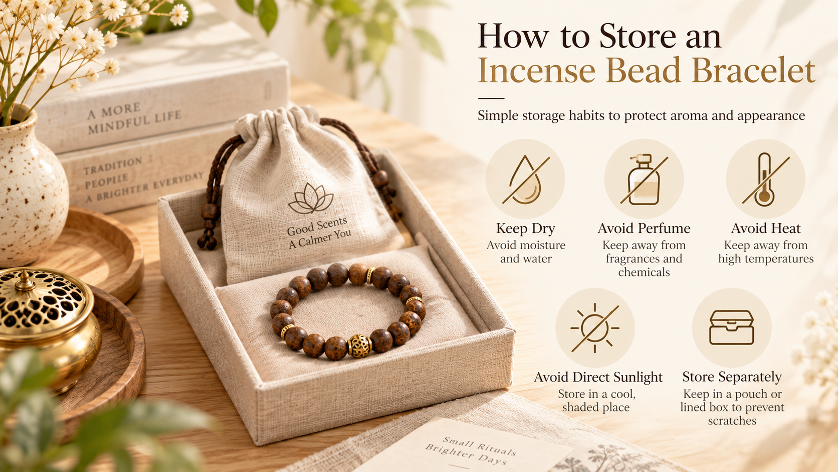 How to store incense bead bracelets in a dry pouch away from water perfume heat and sunlight