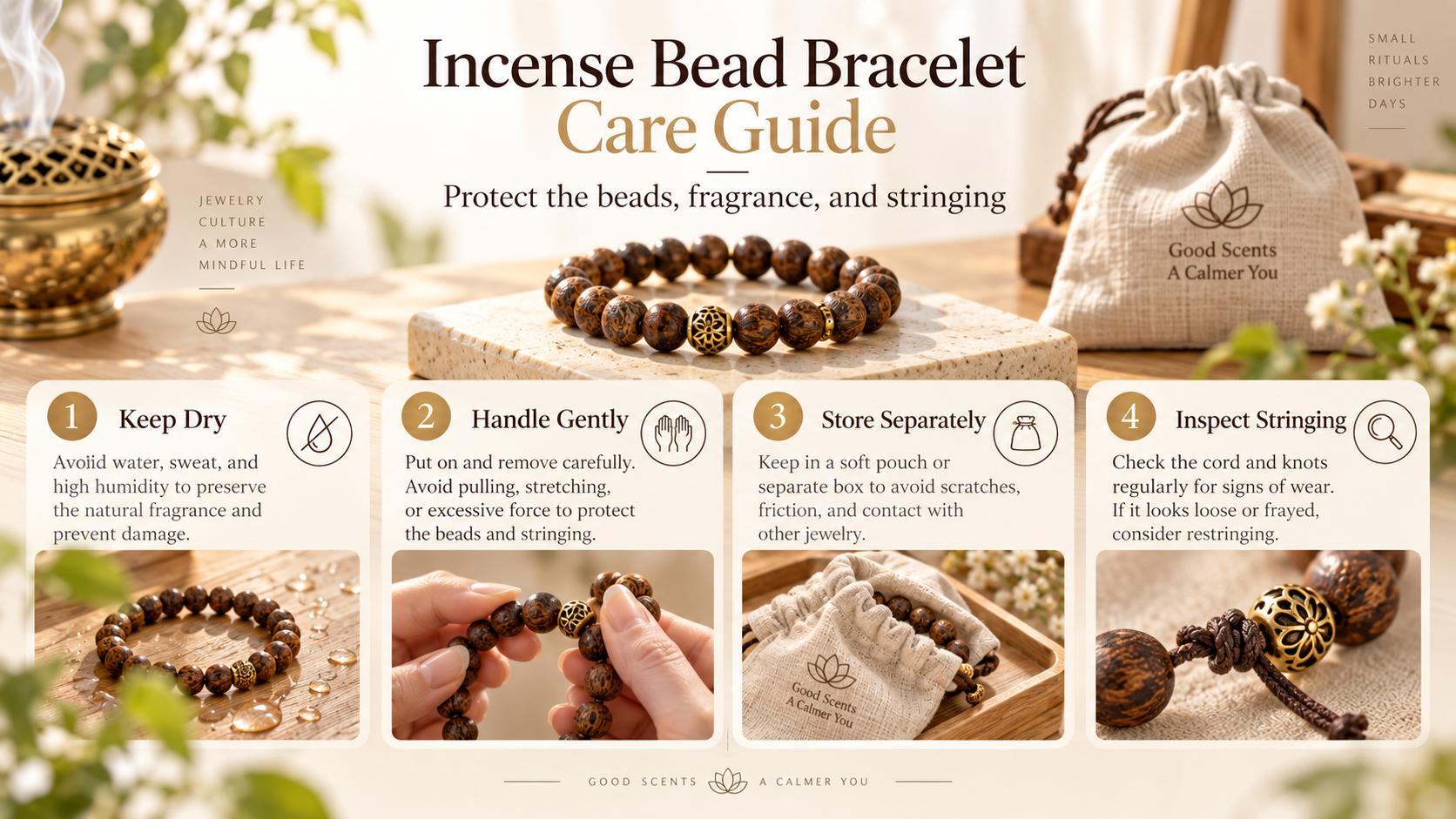 Incense bead bracelet care guide for protecting aromatic beads fragrance surface and stringing