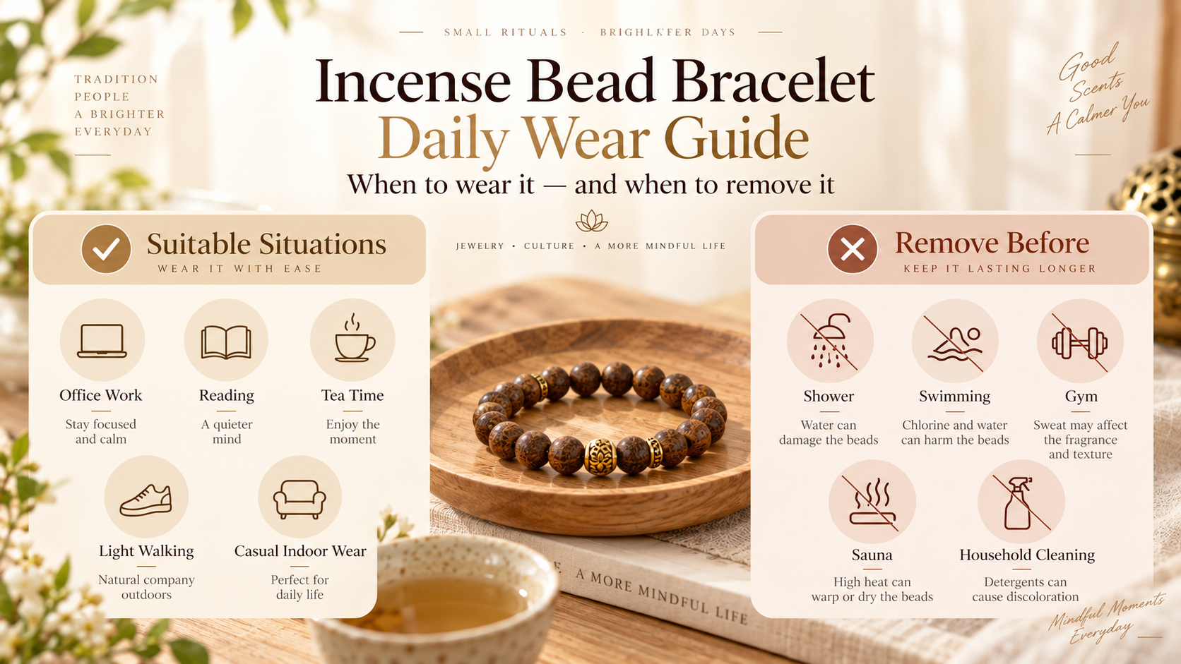 Incense bead bracelet daily wear guide showing when to wear and remove aromatic beads