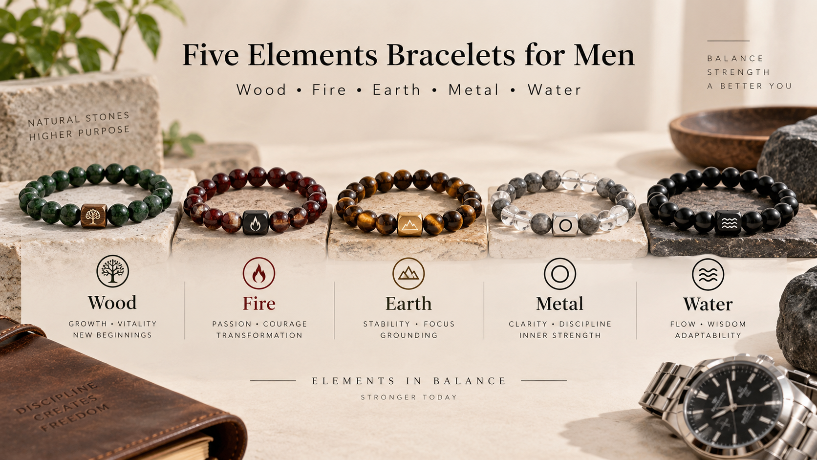 Men's Wood Fire Earth Metal and Water bracelet comparison with green red tiger eye clear quartz and black obsidian stones