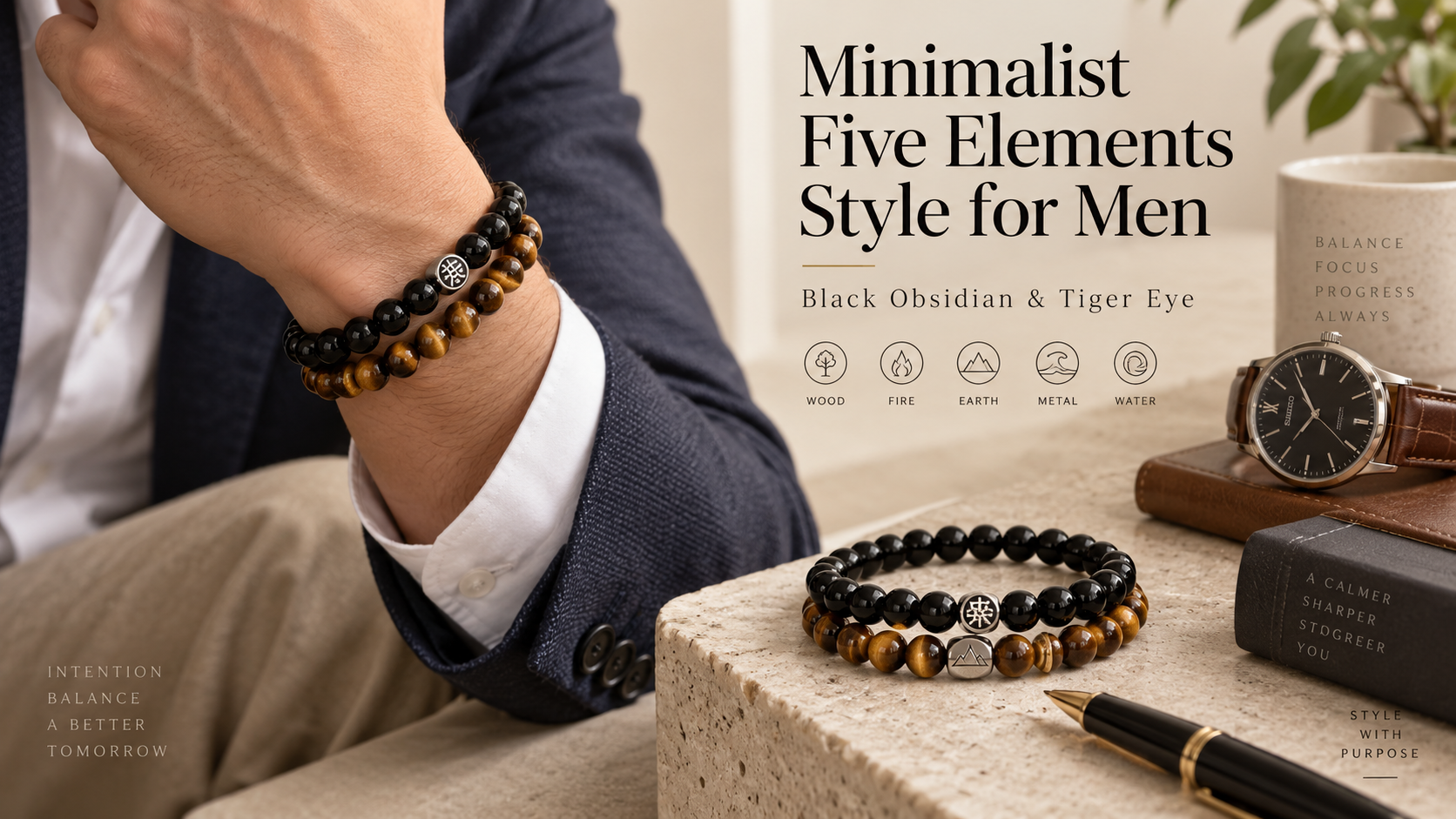 Black obsidian and tiger eye Five Elements bracelets for men styled with watches and business casual clothing