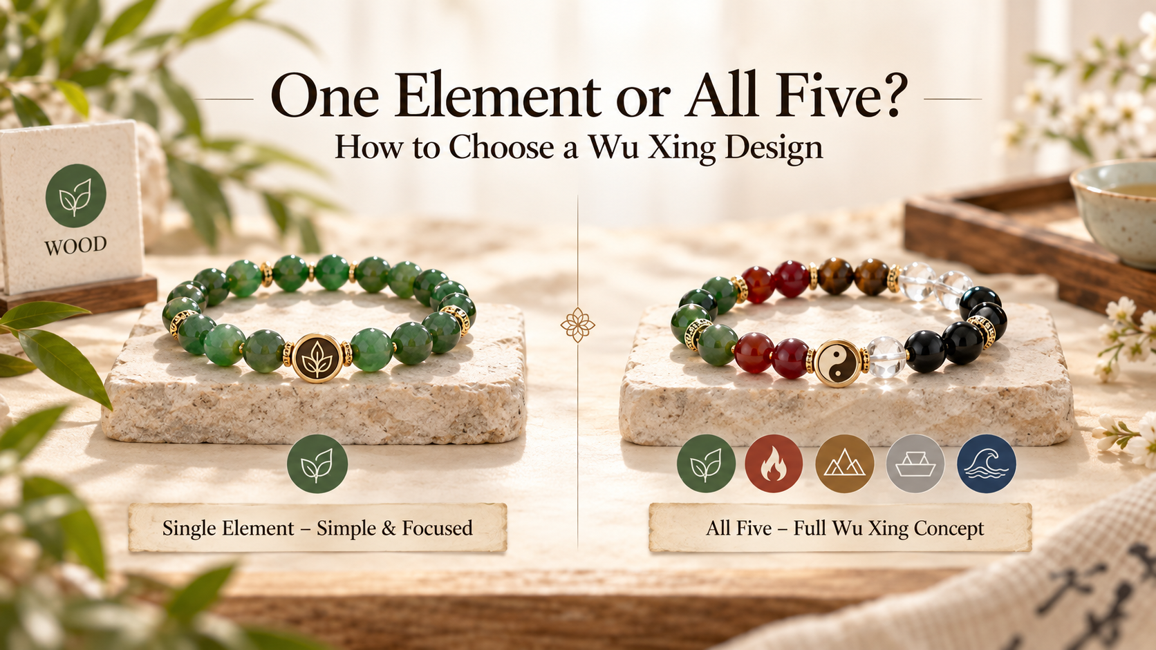 Single element versus all five elements Wu Xing bracelet design comparison