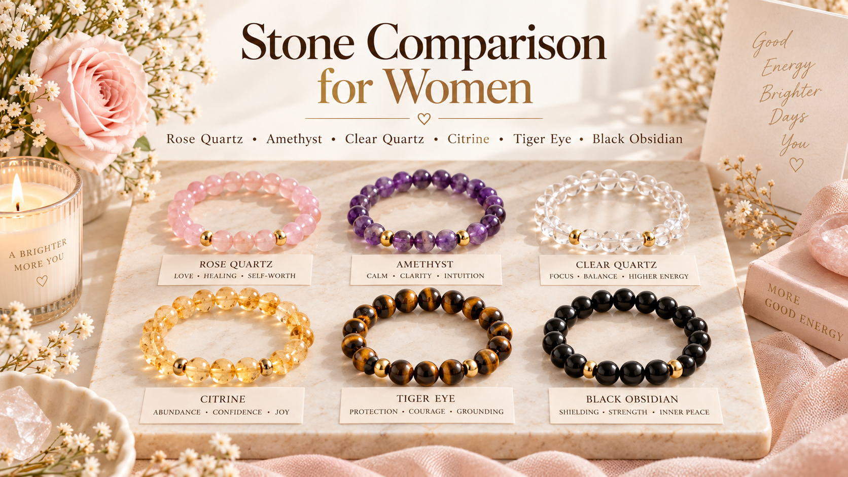 Women’s crystal bracelet stone comparison with rose quartz amethyst clear quartz citrine tiger eye and obsidian
