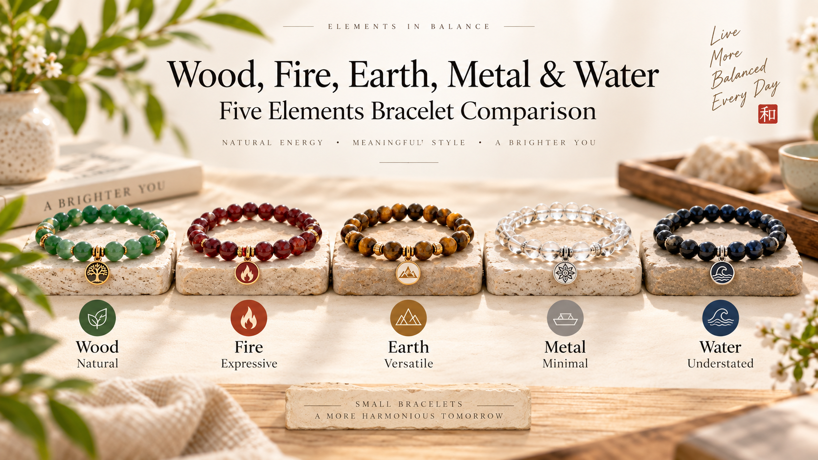 Wood Fire Earth Metal and Water bracelet comparison with green red brown clear and black natural stone beads