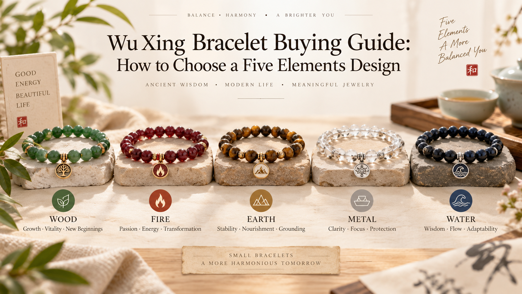 Wu Xing bracelet buying guide featuring Wood Fire Earth Metal and Water Five Elements bracelet designs